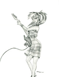 Size: 1000x1303 | Tagged: safe, artist:baron engel, imported from ponybooru, rainbow dash, equestria girls, clothes, dress, electric guitar, female, guitar, monochrome, musical instrument, pencil drawing, rainbow dash always dresses in style, solo, traditional art