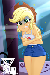 Size: 900x1350 | Tagged: safe, artist:theretroart88, imported from derpibooru, applejack, equestria girls, equestria girls series, street chic, spoiler:eqg series (season 2), breasts, busty applejack, cleavage, clenched teeth, clothes, cold, cowboy hat, crossed arms, curvy, denim shorts, female, freckles, freezing, gritted teeth, hat, leaves, outdoors, scene interpretation, sexy, shivering, shorts, sleeveless, socks, solo, tanktop, thigh highs