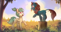 Size: 2852x1503 | Tagged: safe, artist:mirroredsea, imported from derpibooru, oc, oc only, kirin, pegasus, pony, flower, flower in mouth, grin, looking at each other, mouth hold, open mouth, raised hoof, smiling, tree stump