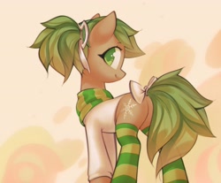 Size: 3269x2705 | Tagged: safe, artist:mirroredsea, imported from derpibooru, oc, oc only, oc:evergreen breeze, earth pony, pony, bow, butt, clothes, female, green eyes, light brown coat, looking at you, mare, multicolored hair, oc name needed, plot, ponytail, scarf, shirt, smiling, socks, solo, striped socks, tail bow