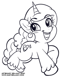 Size: 639x781 | Tagged: safe, artist:marybellamy, imported from derpibooru, izzy moonbow, pony, unicorn, spoiler:g5, female, g5, izzy, looking at you, monochrome, open mouth, solo, solo female, text, unshorn fetlocks
