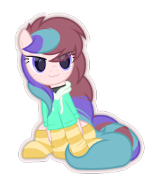 Size: 1000x1200 | Tagged: safe, artist:ponkus, imported from derpibooru, oc, oc only, oc:fundip, earth pony, pony, :3, closed mouth, clothes, cute, eyes open, eyeshadow, female, hoodie, jewelry, looking at something, makeup, mare, mouth closed, necklace, simple background, socks, solo, striped socks, transparent background