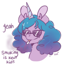 Size: 768x768 | Tagged: safe, artist:deadharp00ns, artist:kokoaapuff, imported from derpibooru, izzy moonbow, pony, unicorn, spoiler:g5, cigarette, dialogue, female, g5, glasses, izzy, smoking, solo, this will end in cancer