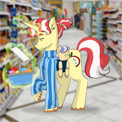 Size: 1024x1024 | Tagged: safe, artist:usagi-kinnie, imported from derpibooru, flim, oc, oc:ruby rhapsody, pony, unicorn, baby, baby carrier, baby pony, basket, duo, father and child, father and daughter, female, filly, levitation, magic, male, offspring, parent:flim, parent:sapphire shores, shopping, stallion, telekinesis