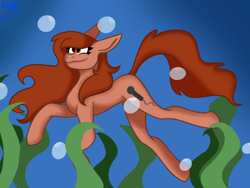 Size: 2048x1536 | Tagged: safe, artist:revenge.cats, imported from derpibooru, earth pony, pony, chantal claret, flowing mane, ponified, smiling, solo, swimming