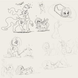 Size: 4000x4000 | Tagged: safe, artist:miokomata, imported from derpibooru, fluttershy, princess celestia, alicorn, fish, pegasus, pony, burrito, butt, campfire, chips, dock, doritos, duo, flutterbutt, food, freckles, freckleshy, grayscale, large butt, lying down, majestic as fuck, meat, monochrome, mouth hold, plot, ponies eating meat, pony burrito, prone, question mark, sitting, sketch, sploot, sunbutt, tail