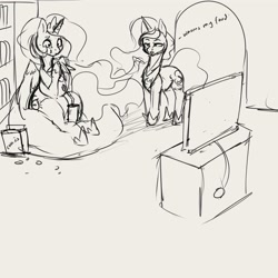 Size: 4000x4000 | Tagged: safe, artist:miokomata, imported from derpibooru, princess celestia, princess luna, alicorn, pony, beanbag chair, drink, duo, eating, female, food, grayscale, mare, monochrome, royal sisters, sandwich, siblings, sisters, sitting, television