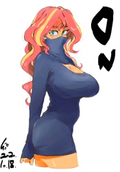 Size: 700x1000 | Tagged: safe, artist:sozglitch, imported from derpibooru, sunset shimmer, equestria girls, big breasts, breasts, busty sunset shimmer, cleavage, face mask, female, huge breasts, long sleeves, looking at you, mask, simple background, solo, sweater dress, white background