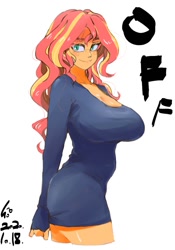 Size: 700x1000 | Tagged: safe, alternate version, artist:sozglitch, imported from derpibooru, sunset shimmer, equestria girls, big breasts, breasts, busty sunset shimmer, cleavage, female, huge breasts, long sleeves, looking at you, mask, minidress, simple background, smiling, solo, sweater dress, white background