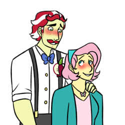 Size: 1500x1500 | Tagged: safe, artist:crayoncreates, imported from derpibooru, flam, fluttershy, equestria girls, blushing, bowtie, button-up shirt, clothes, crack shipping, female, flamshy, hand on shoulder, height difference, jacket, jewelry, male, necklace, shipping, shirt, short hair, simple background, straight, suspenders, transparent background