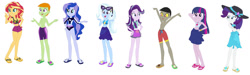 Size: 1280x382 | Tagged: safe, artist:diana173076, imported from derpibooru, discord, princess luna, rarity, starlight glimmer, sunset shimmer, thorax, trixie, twilight sparkle, equestria girls, base used, belly button, clothes, clothes swap, equestria girls-ified, feet, flip-flops, sandals, simple background, swimsuit, swimsuit swap, white background