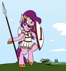 Size: 1994x2160 | Tagged: safe, artist:cowsrtasty, imported from derpibooru, pipp petals, pegasus, pony, semi-anthro, spoiler:g5, adorapipp, armor, armor skirt, bipedal, clothes, cute, female, g5, greek, greek clothes, hoplite, hoplon, linothorax, mare, palindrome get, pipp, red eyes, red-eyed pipp, shield, skirt, solo, spear, weapon, wrong eye color