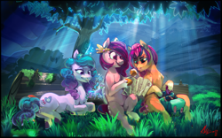 Size: 3817x2378 | Tagged: safe, artist:alumx, imported from derpibooru, izzy moonbow, pipp petals, sunny starscout, earth pony, pegasus, pony, unicorn, spoiler:g5, female, g5, grass, high res, izzy, mare, pipp, red eyes, red-eyed pipp, sunny, that was fast, tree, wrong eye color