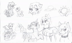 Size: 1280x762 | Tagged: safe, artist:jolliapplegirl, imported from derpibooru, oc, oc:hazel drop, oc:moonlight sonata, oc:winter star, earth pony, pegasus, pony, unicorn, collar, cutie mark, doodle, female, male, mare, stallion