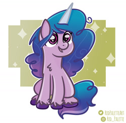 Size: 1280x1254 | Tagged: safe, artist:redpalette, imported from derpibooru, izzy moonbow, pony, unicorn, spoiler:g5, abstract background, chest fluff, female, g5, izzy, mare, open mouth, sitting, smiling, solo, text, unshorn fetlocks