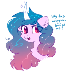 Size: 413x438 | Tagged: safe, artist:mirtash, imported from derpibooru, izzy moonbow, pony, unicorn, spoiler:g5, alternate hairstyle, bust, chest fluff, dialogue, ear fluff, female, g5, izzy, mare, open mouth, portrait, solo