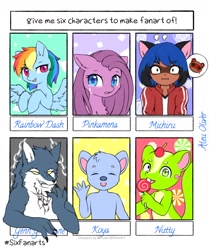 Size: 1280x1529 | Tagged: safe, artist:aleuoliver, artist:aleurajan, imported from derpibooru, pinkie pie, rainbow dash, anthro, earth pony, pegasus, pony, raccoon, squirrel, six fanarts, anthro with ponies, bna: brand new animal, bust, candy, clothes, crossover, crying, eyes closed, female, food, happy tree friends, licking, lollipop, male, michiru kagemori, nutty, pictogram, pinkamena diane pie, tongue out, waving, wide eyes, wings