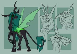 Size: 1429x1000 | Tagged: safe, artist:rockin_candies, imported from derpibooru, queen chrysalis, changeling, changeling queen, alternate design, fangs, female, forked tongue, green background, horn, open mouth, simple background, sketch, slit pupils, solo, spread wings, swirly eyes, teeth, tongue out, wings