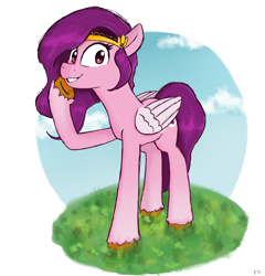 Size: 4482x4666 | Tagged: safe, artist:dark shadow, imported from derpibooru, pipp petals, pegasus, pony, spoiler:g5, absurd resolution, adorapipp, cloud, cute, female, g5, grass, grin, looking at you, mare, pipp, raised hoof, red eyes, red-eyed pipp, sky, smiling, solo, teeth, unshorn fetlocks, wrong eye color