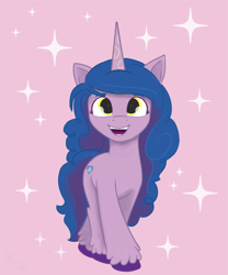 Size: 1500x1802 | Tagged: safe, artist:chopsticks, imported from derpibooru, izzy moonbow, pony, unicorn, description is relevant, female, g5, looking at you, mare, open mouth, pink background, simple background, solo, style emulation, unshorn fetlocks