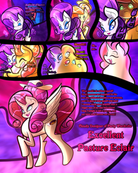 Size: 2400x3000 | Tagged: safe, artist:keytee-chan, imported from derpibooru, applejack, fluttershy, pinkie pie, rainbow dash, rarity, oc, oc:excellent pasture eclair, oc:fluttering zap apple pie, alicorn, pegasus, unicorn, comic:the great big fusion 1 remake, fusion, fusion:excellent pasture eclair, fusion:fluttering zap apple pie, hair bun, jojo reference, lipstick, tomboy taming