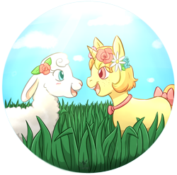 Size: 1024x1012 | Tagged: safe, artist:foxhatart, imported from derpibooru, oc, oc only, oc:dandelion, pony, sheep, unicorn, bow, colt, floral head wreath, flower, male, tail bow