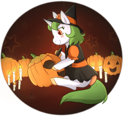 Size: 1024x970 | Tagged: safe, artist:foxhatart, imported from derpibooru, oc, oc only, oc:lime, pony, unicorn, bow, candle, female, halloween, holiday, jack-o-lantern, mare, pumpkin, solo, tail bow