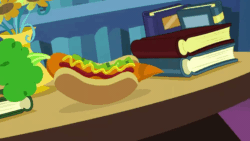 Size: 1000x562 | Tagged: safe, imported from derpibooru, screencap, every little thing she does, bookshelf, bread, carrot, carrot dog, food, gif, hot dog, indoors, ketchup, meat, mustard, no pony, non-animated gif, sauce, sausage, solo, table