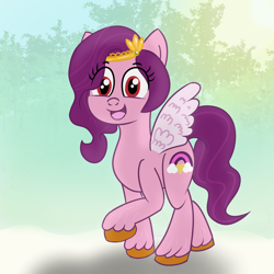 Size: 1200x1200 | Tagged: safe, artist:dafiltafish, imported from derpibooru, pipp petals, pegasus, pony, spoiler:g5, female, g5, mare, morning, open mouth, pipp, raised hoof, red eyes, red-eyed pipp, solo, tree, unshorn fetlocks, walking, wings, wrong eye color