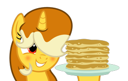 Size: 2581x1642 | Tagged: safe, artist:darbypop1, imported from derpibooru, oc, oc only, oc:pikachu pancakes, pony, unicorn, female, food, mare, pancakes, simple background, solo, transparent background