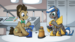 Size: 2560x1440 | Tagged: safe, artist:mysticalpha, imported from derpibooru, doctor whooves, time turner, oc, oc:cloud zapper, earth pony, pegasus, armor, dalek, doctor who, male, pegasus oc, royal guard, royal guard armor, royal guard oc, stallion, tardis, tardis console room, tardis control room, the doctor, toy, wings