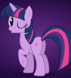 Size: 927x1017 | Tagged: safe, artist:camtwo, artist:camtwosix, derpibooru exclusive, imported from derpibooru, screencap, twilight sparkle, pony, unicorn, butt, female, gradient background, looking at you, looking back, looking back at you, one eye closed, one hoof raised, plot, pose, puppet, puppet rig, purple background, raised hoof, shadow, simple background, solo, twibutt, unicorn twilight, wink, winking at you