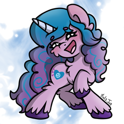 Size: 3000x3000 | Tagged: safe, artist:minty joy, imported from derpibooru, izzy moonbow, pony, unicorn, spoiler:g5, abstract background, blushing, cheek fluff, chest fluff, cute, ear fluff, eyes closed, female, g5, high res, izzy, izzybetes, leg fluff, mare, open mouth, raised hoof, signature, simple background, solo, unshorn fetlocks