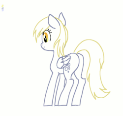 Size: 660x620 | Tagged: safe, artist:bikkisu, imported from derpibooru, derpy hooves, pegasus, pony, animated, butt, frame by frame, gif, glowing eyes, head turn, plot, simple background, slightly creepy, smiling, solo, turned head, white background, zoom