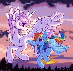 Size: 2165x2120 | Tagged: safe, artist:kotya, imported from derpibooru, princess celestia, rainbow dash, alicorn, pegasus, pony, cloud, flying, forest, horn, looking at each other, smiling, sunset, wings, young celestia