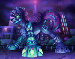 Size: 2500x1967 | Tagged: safe, artist:fkk, imported from derpibooru, oc, oc only, cyborg, hybrid, pony, unicorn, bandage, black sclera, blurred background, blurry background, building, bush, chest fluff, city, claws, commission, cyberpunk, ear fluff, fangs, glowing eyes, gritted teeth, horn, looking at you, male, night, outdoors, raised tail, skyscraper, solo, solo male, stallion, stars, tail, watermark