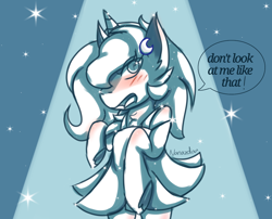 Size: 2446x1978 | Tagged: safe, artist:nanazdina, derpibooru exclusive, imported from derpibooru, princess luna, pony, lunadoodle, blushing, clothes, cute, female, filly, ibispaint x, lunabetes, moon, sketch, skirt, solo, woona, younger