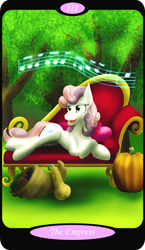 Size: 1500x2591 | Tagged: safe, artist:sixes&sevens, imported from derpibooru, part of a set, sweetie belle, pony, unicorn, cornucopia, crossed hooves, fainting couch, female, forest, gourd, lying down, major arcana, music notes, older, older sweetie belle, pumpkin, singing, solo, squash, tarot card, the empress