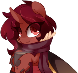 Size: 1060x1000 | Tagged: safe, artist:loyaldis, imported from derpibooru, oc, oc only, oc:flechette, changeling, insect, moth, mothling, original species, chocolate, clothes, food, hot chocolate, red changeling, scarf, species swap