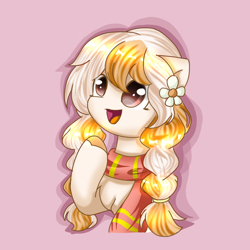 Size: 1080x1080 | Tagged: safe, artist:starflashing twinkle, imported from derpibooru, oc, oc only, earth pony, pony, cute, flower, hairpin, muffler, open mouth, simple background, solo