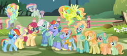 Size: 1920x854 | Tagged: safe, artist:choisky13, imported from derpibooru, bow hothoof, fluttershy, gentle breeze, junebug, posey shy, rainbow dash, windy whistles, zephyr breeze, oc, oc:flying butterfly, oc:little cloud, oc:september leaves, oc:soft winter breeze, oc:wind wings, family photo, female, flutterdash, lesbian, magical lesbian spawn, male, offspring, parent:fluttershy, parent:rainbow dash, parent:tree hugger, parent:zephyr breeze, parents:flutterdash, parents:zephyrhugger, shipping, shys, straight, windyhoof