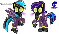 Size: 7680x4392 | Tagged: safe, artist:damlanil, imported from derpibooru, oc, oc:nightlight aura, oc:star eyes, pegasus, pony, boots, clothes, collar, commission, costume, duo, female, flying, gas mask, hazmat pony drone, heart, heart eyes, implied nightmare moon, latex, looking at you, mare, mask, raised hoof, rubber, rubber drone, shadowbolt drone, shadowbolts, shadowbolts (nightmare moon's minions), shadowbolts costume, shiny, shiny mane, shoes, show accurate, simple background, story, transformation, transparent background, vector, wingding eyes, wings