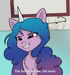 Size: 1117x1185 | Tagged: artist needed, source needed, safe, imported from derpibooru, izzy moonbow, pony, unicorn, spoiler:g5, female, g5, izzy, malcolm in the middle, mare, meme, ponified meme, reference, smug, solo, the future is now old man