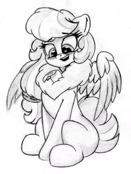 Size: 1323x1764 | Tagged: safe, artist:zemer, imported from derpibooru, oc, oc only, oc:feather belle, pegasus, pony, blushing, chest fluff, cute, fluffy, hair tie, letter, monochrome, sitting, solo, traditional art, wing spreading