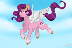 Size: 3000x2000 | Tagged: safe, artist:peachyloaf, imported from derpibooru, pipp petals, pegasus, pony, spoiler:g5, adorapipp, cute, fanart, female, flying, g5, mare, pipp, red eyes, red-eyed pipp, sky, solo, wrong eye color