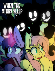 Size: 2550x3300 | Tagged: safe, artist:bbsartboutique, imported from derpibooru, applejack, fluttershy, pinkie pie, rainbow dash, rarity, twilight sparkle, fanfic:when the stars sleep, book, building, cover art, creepy, fanfic art, glowing eyes, glowing horn, glowing mouth, grin, horn, magic, magic aura, scared, shadow, smiling, sweat