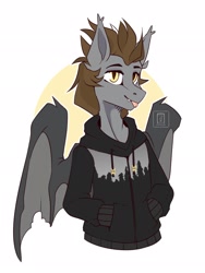 Size: 1536x2048 | Tagged: safe, artist:buvanybu, imported from derpibooru, oc, oc only, oc:devin, anthro, bat pony, anthro oc, bat pony oc, bat wings, clothes, fangs, hoodie, looking at you, pockets, solo, sticking tongue out, sweater, tongue out, tree, wings