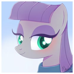 Size: 2000x2000 | Tagged: safe, artist:nnaly, imported from derpibooru, maud pie, earth pony, pony, blushing, bust, cute, eyelashes, female, gradient background, high res, lidded eyes, mare, maudabetes, portrait, purple hair, smiling, solo, three quarter view, when she smiles