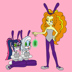 Size: 1601x1594 | Tagged: safe, artist:bugssonicx, imported from derpibooru, adagio dazzle, sci-twi, trixie, twilight sparkle, equestria girls, bondage, bondage mitts, bound and gagged, bunny suit, clothes, costume, gag, grin, hypnosis, jewelry, kaa eyes, kiss mark, lipstick, magical artifact, pendulum swing, smiling, straitjacket, swirly eyes, tape, tape gag