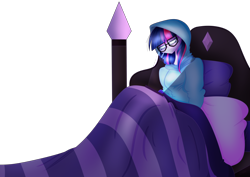 Size: 4092x2893 | Tagged: safe, artist:mywasasi, imported from derpibooru, sci-twi, twilight sparkle, equestria girls, bed, blanket, clothes, crying, glasses, hoodie, simple background, solo, transparent background